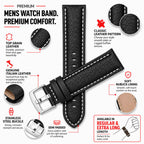 Bandini Mens Leather Band Strap, Buffalo Pattern, White Stitch, Padded, Standard & Extra Long (XL) - 18mm to 30mm