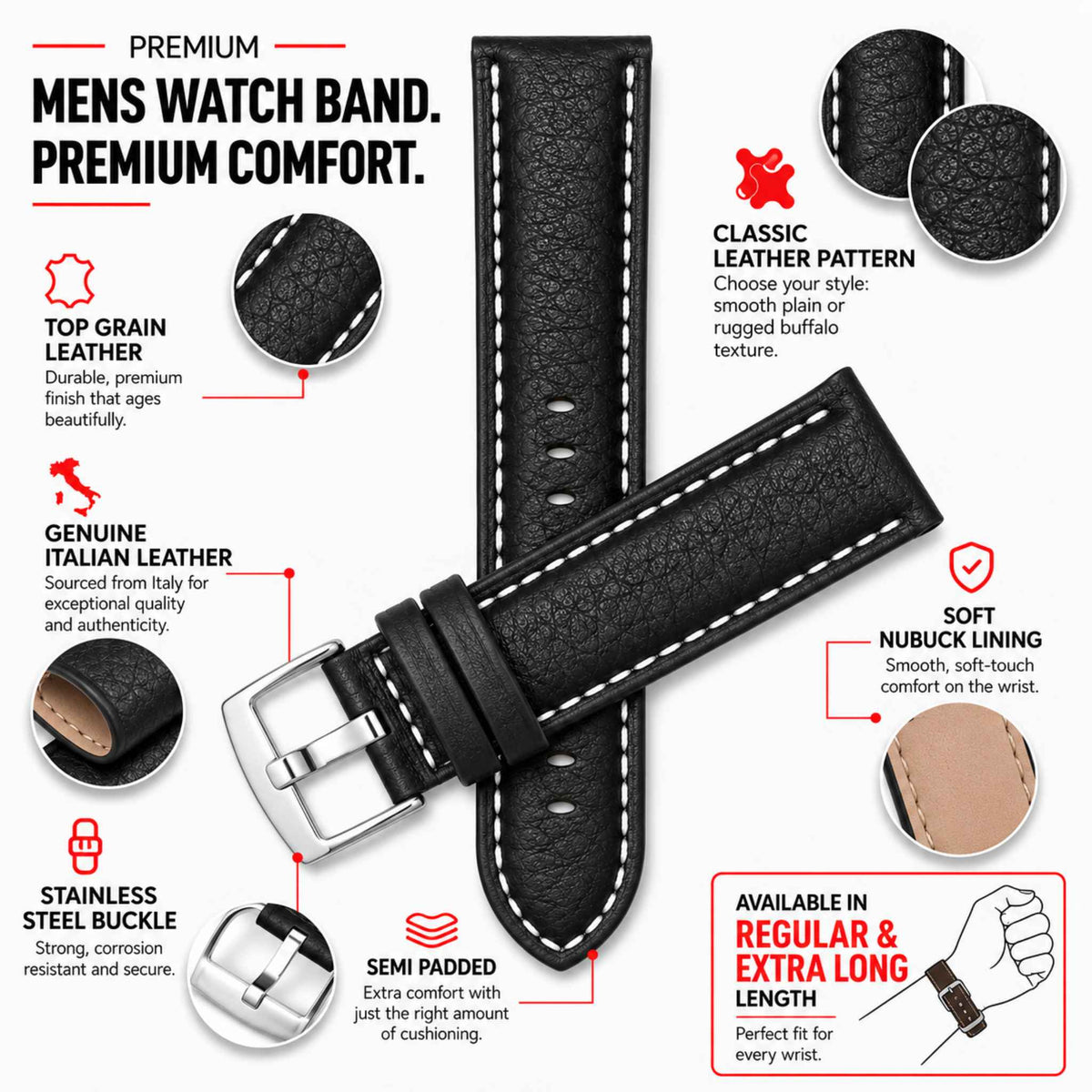 Bandini Mens Leather Band Strap, Buffalo Pattern, White Stitch, Padded, Standard & Extra Long (XL) - 18mm to 30mm