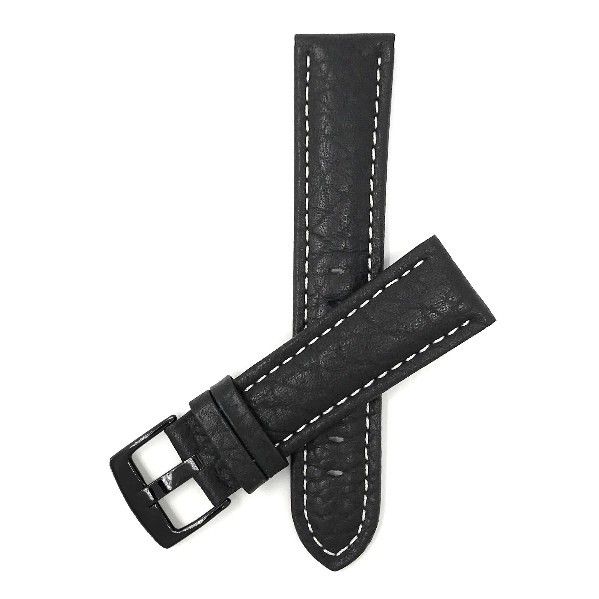 Bandini Mens Leather Band Strap, Buffalo Pattern, White Stitch, Padded, Standard & Extra Long (XL) - 18mm to 30mm