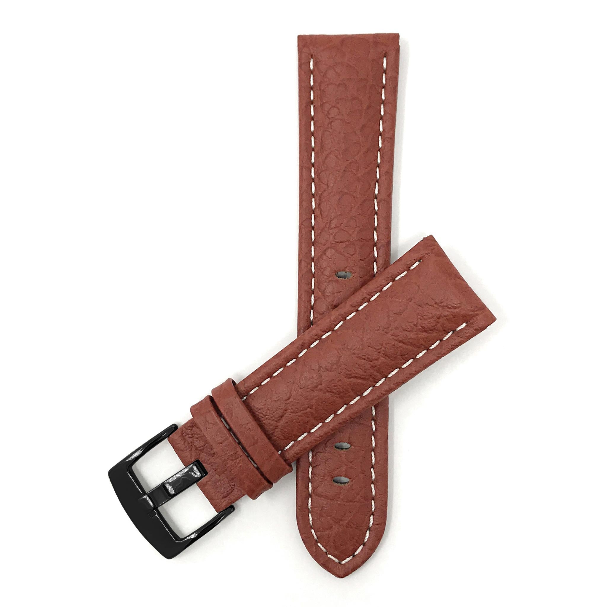 Bandini Mens Leather Band Strap, Buffalo Pattern, White Stitch, Padded, Standard & Extra Long (XL) - 18mm to 30mm