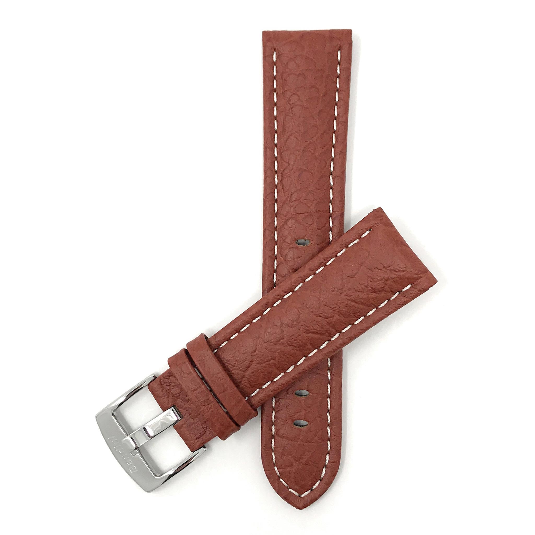 Bandini Mens Leather Band Strap, Buffalo Pattern, White Stitch, Padded, Standard & Extra Long (XL) - 18mm to 30mm