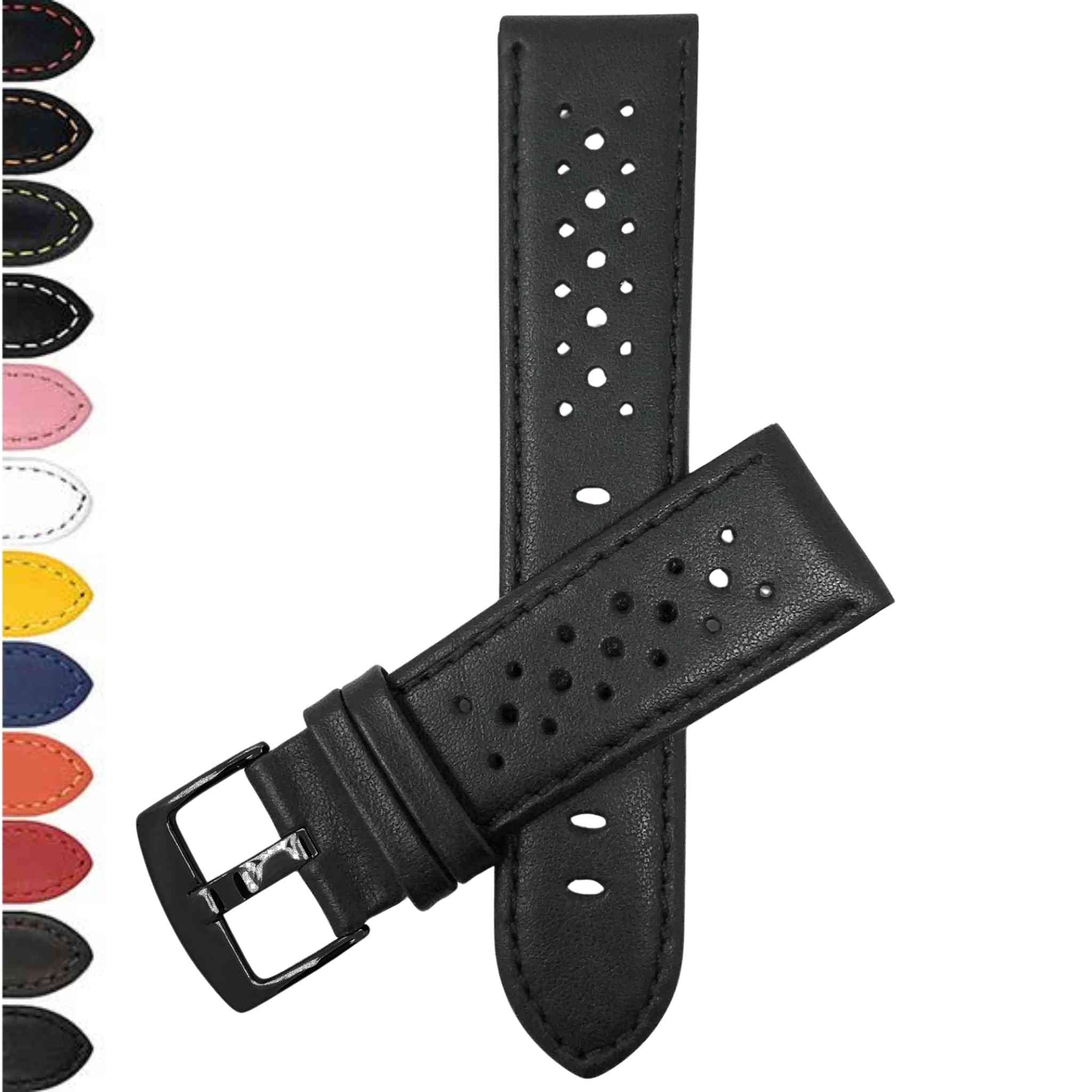 Bandini Leather Racing Rally Watch Band – 18mm 20mm 22mm 24mm - Black Buckle