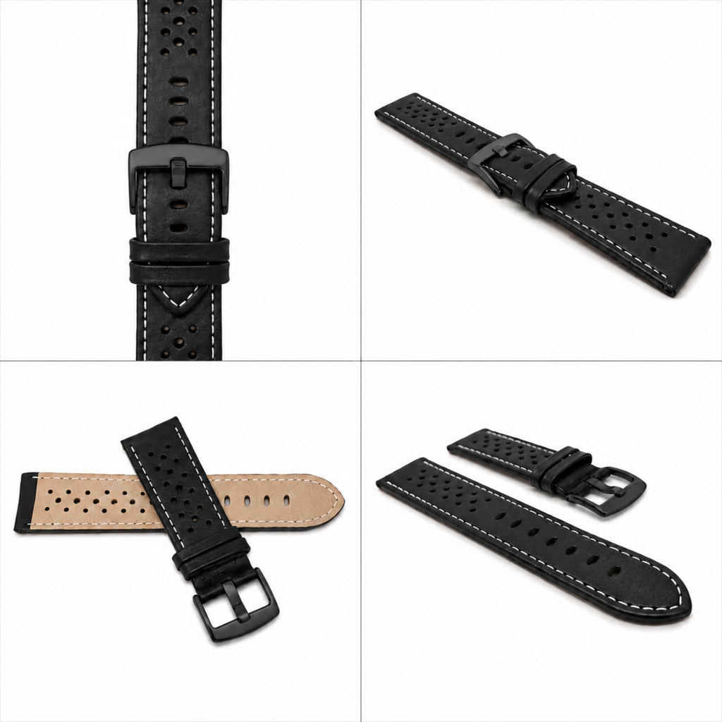 Bandini Leather Racing Rally Watch Band – 18mm 20mm 22mm 24mm - Black Buckle