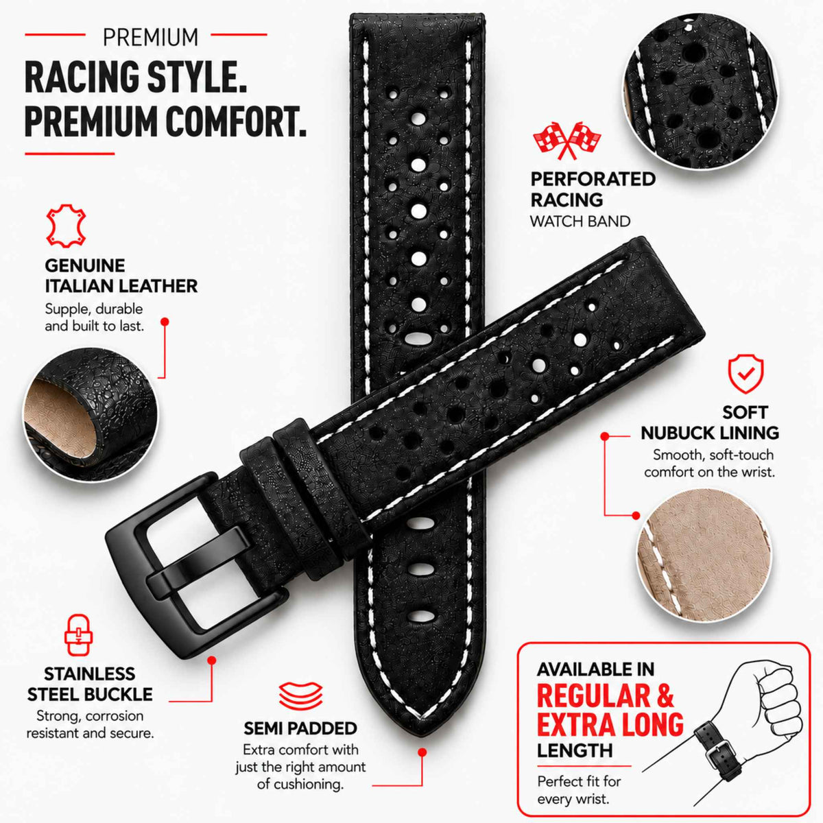 Bandini Leather Racing Rally Watch Band – 18mm 20mm 22mm 24mm - Black Buckle