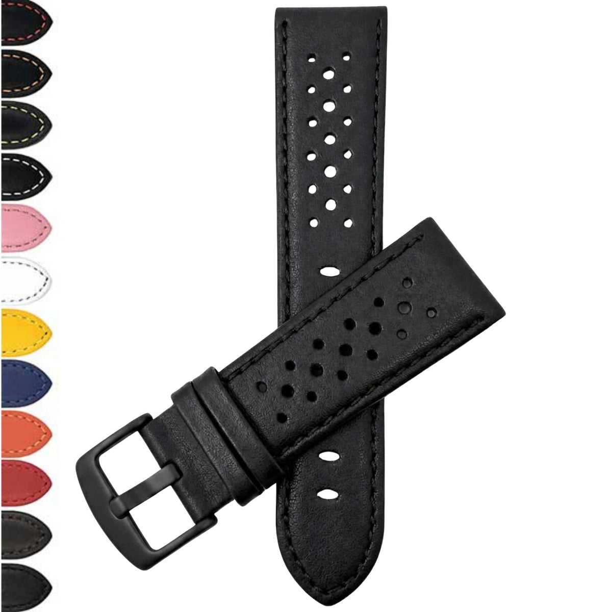 Bandini Leather Racing Rally Watch Band – 18mm 20mm 22mm 24mm - Black Buckle