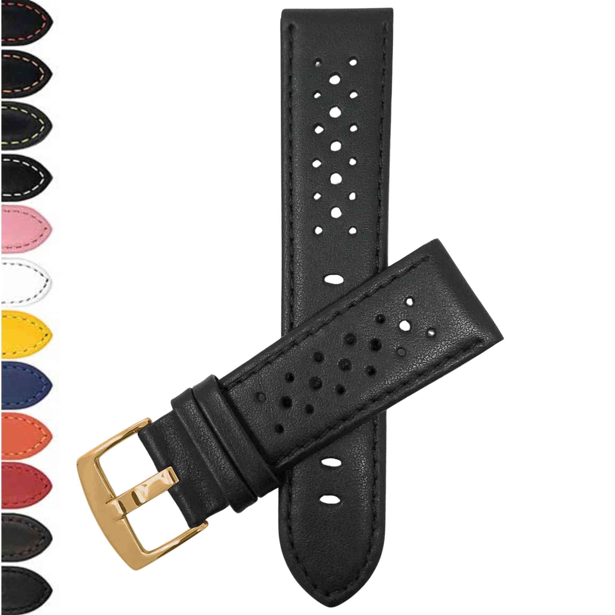 Bandini Leather Racing Rally Watch Band – 18mm 20mm 22mm 24mm - Gold Buckle