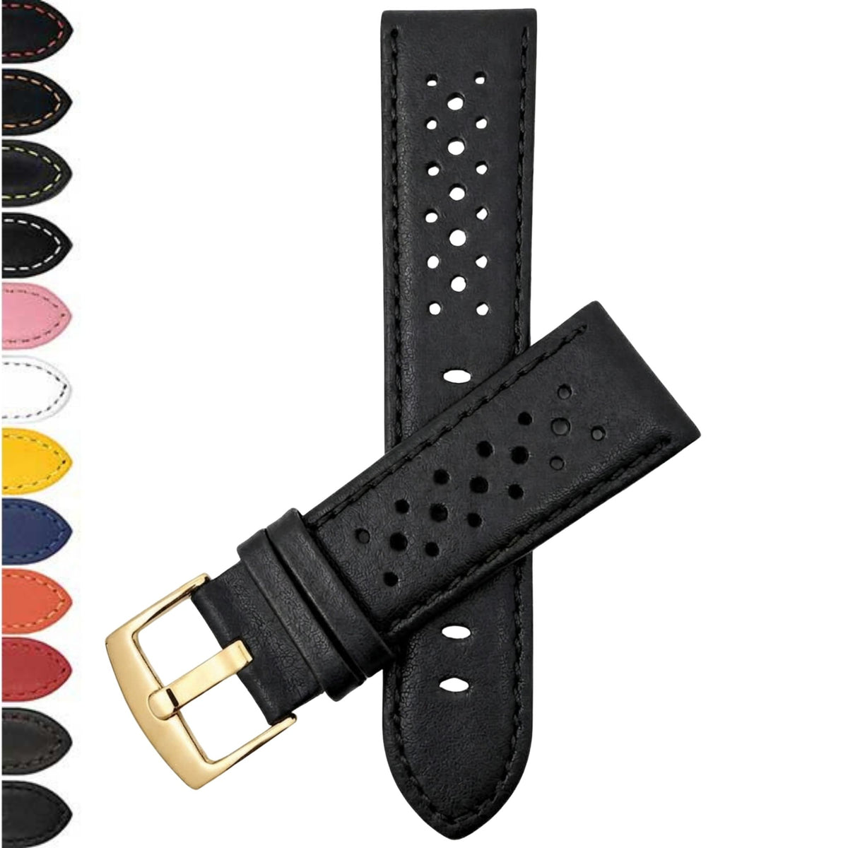Bandini Leather Racing Rally Watch Band – 18mm 20mm 22mm 24mm - Gold Buckle