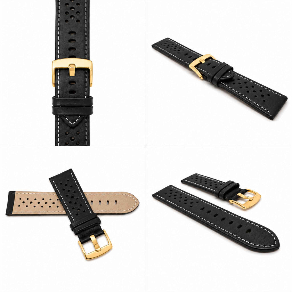 Bandini Leather Racing Rally Watch Band – 18mm 20mm 22mm 24mm - Gold Buckle