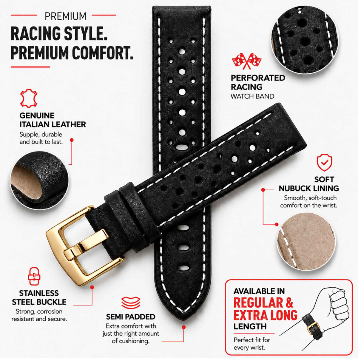 Bandini Leather Racing Rally Watch Band – 18mm 20mm 22mm 24mm - Gold Buckle