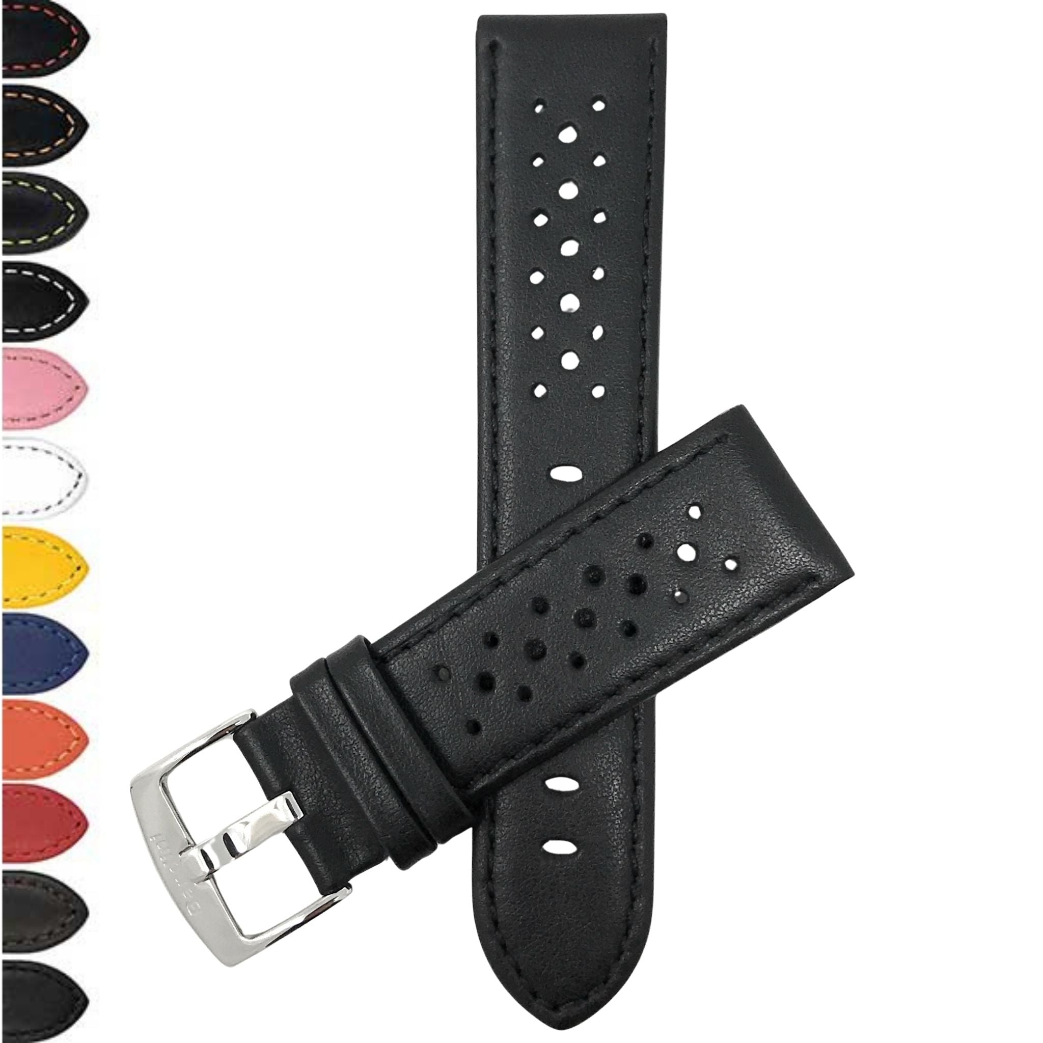 Bandini Leather Racing Rally Watch Band – 18mm 20mm 22mm 24mm - Silver Buckle