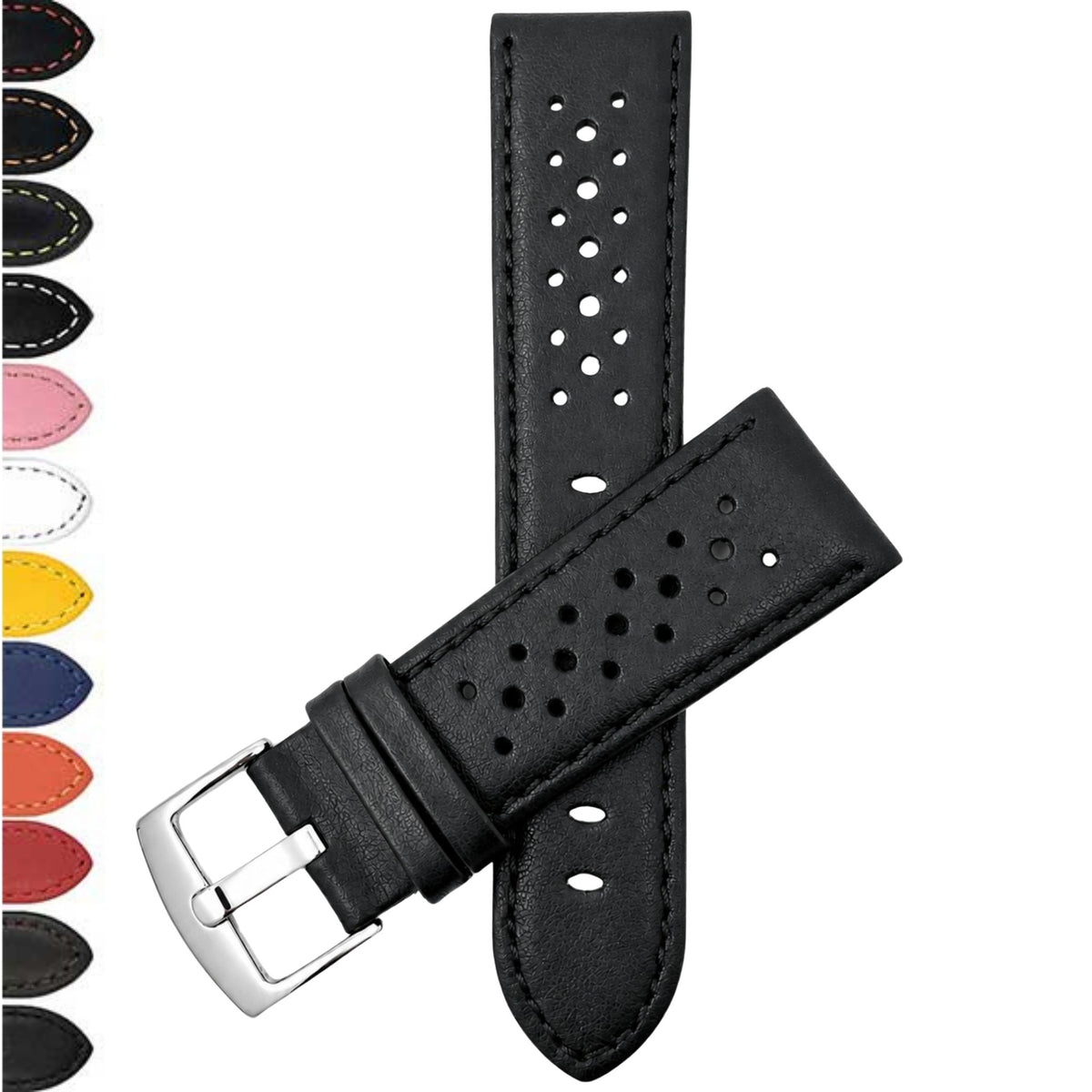 Bandini Leather Racing Rally Watch Band – 18mm 20mm 22mm 24mm - Silver Buckle