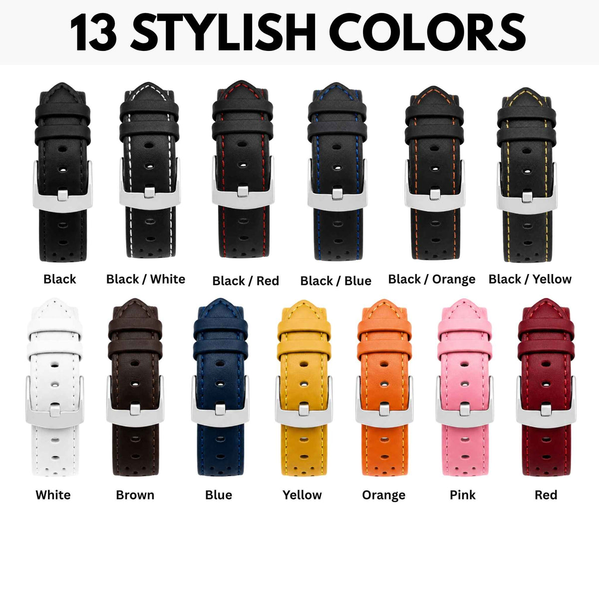 Bandini Leather Racing Rally Watch Band – 18mm 20mm 22mm 24mm - Silver Buckle