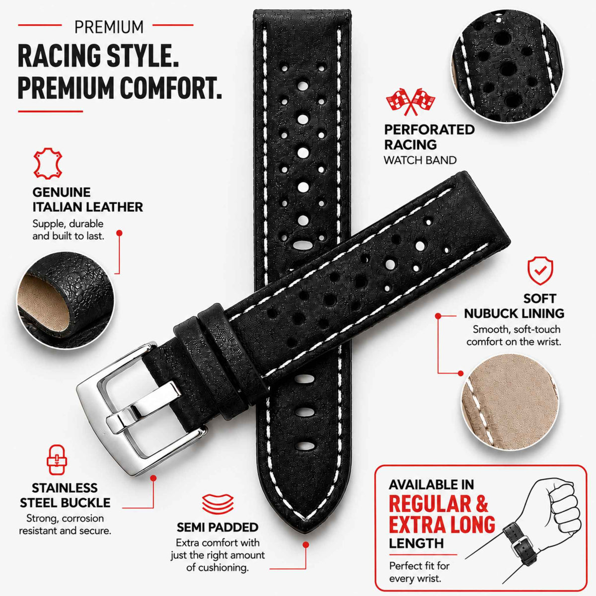 Bandini Leather Racing Rally Watch Band – 18mm 20mm 22mm 24mm - Silver Buckle