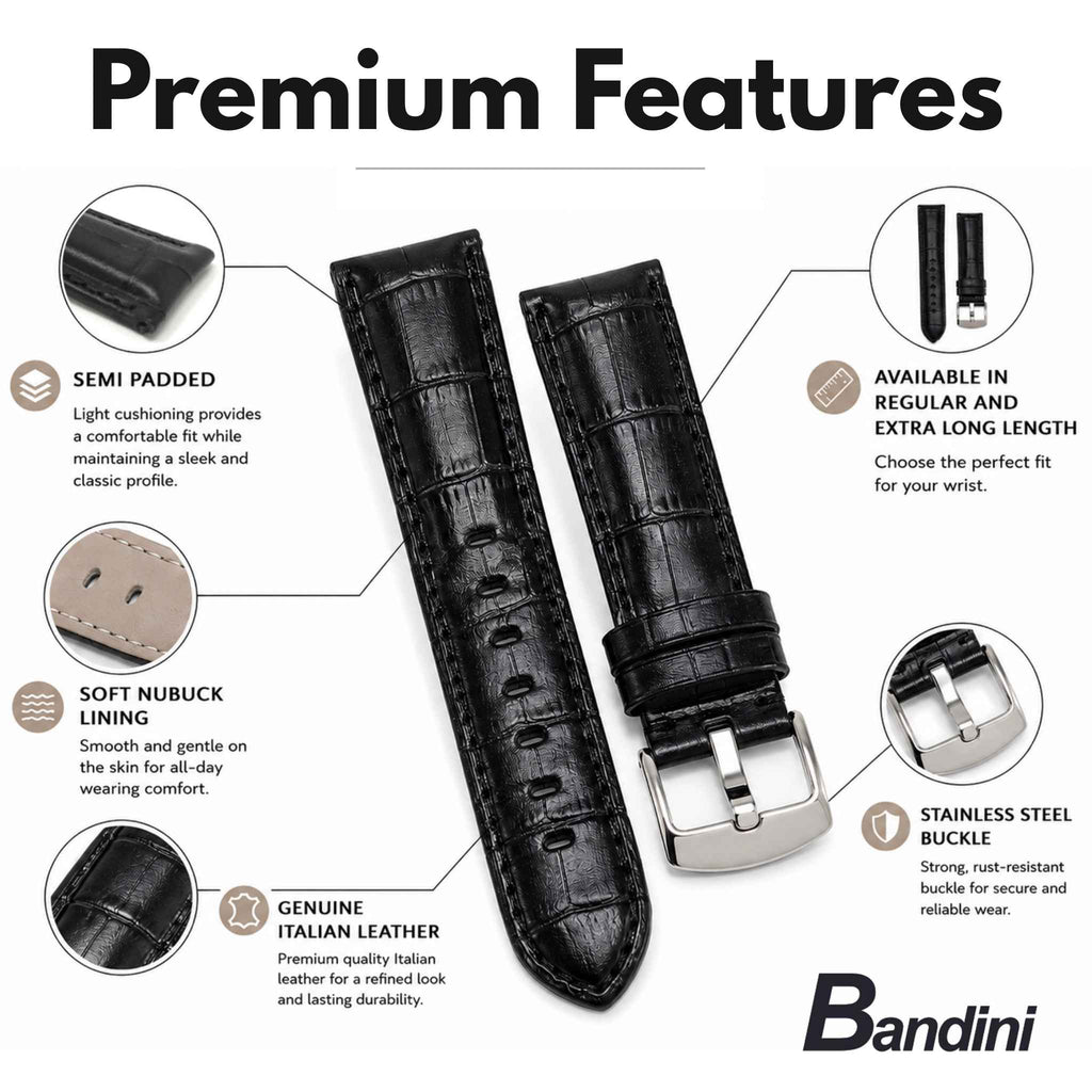 Bandini Leather Alligator Pattern Watch Band for Men, 18mm to 38mm (Standard or Extra Long)