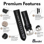 Bandini Leather Alligator Pattern Watch Band for Men, 18mm to 38mm (Standard or Extra Long)