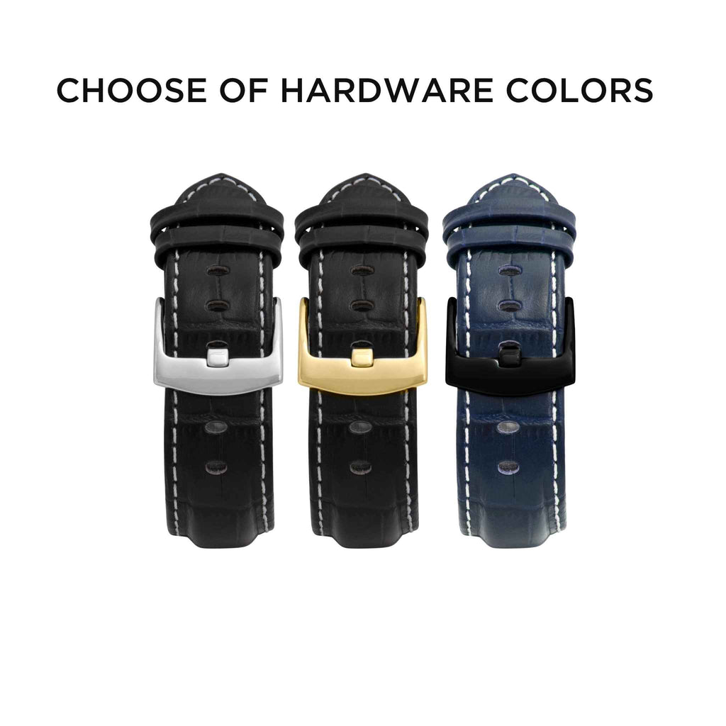 Bandini Mens Leather Watch Band for Apple Watch - Alligator Pattern, White Stitch