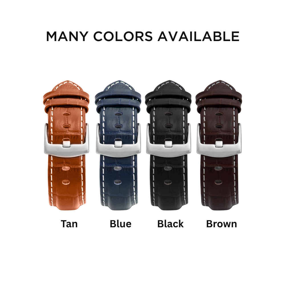 Bandini Mens Leather Watch Band for Apple Watch - Alligator Pattern, White Stitch