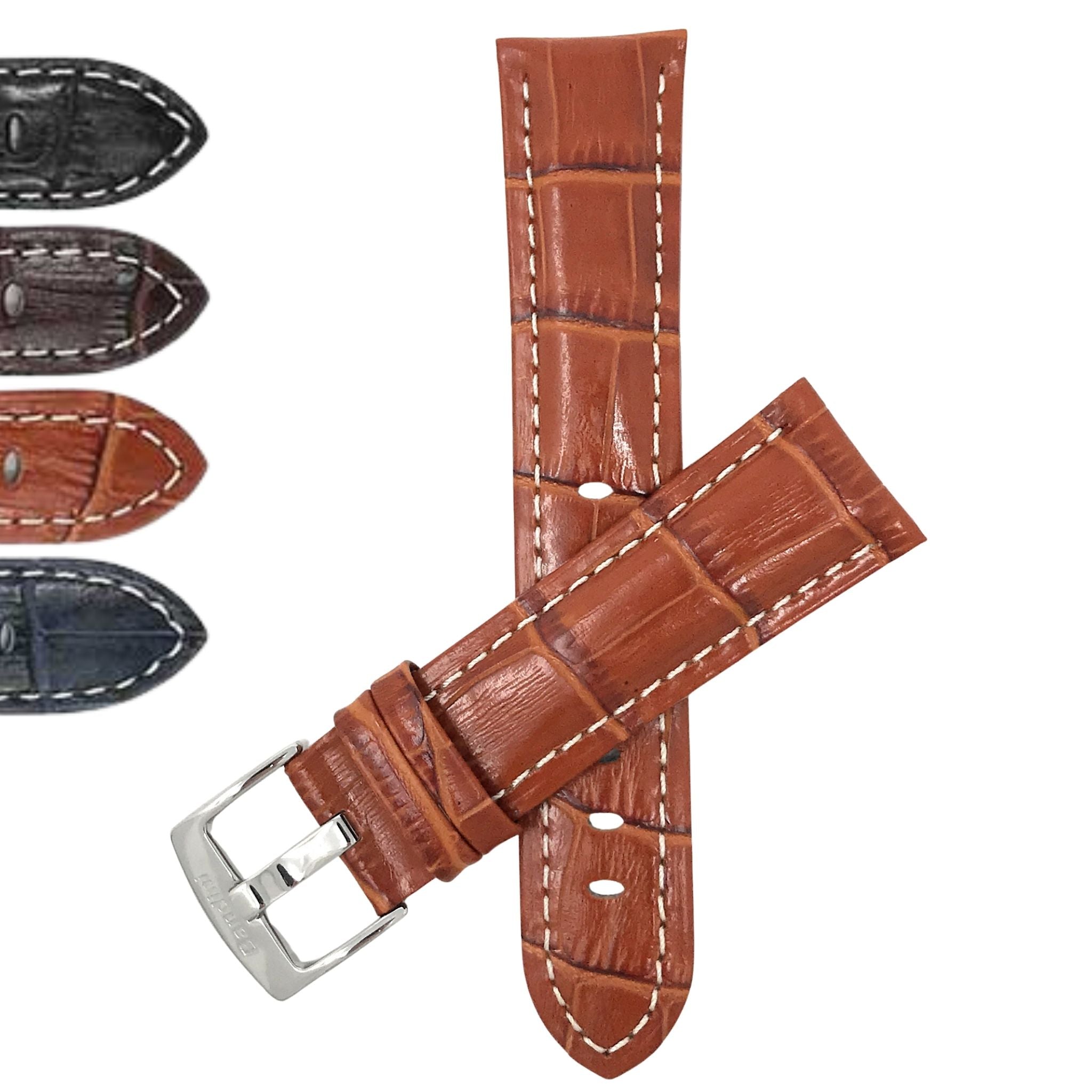 Bandini Leather Alligator Pattern Watch Band for Men White Stitch 18mm to 38mm (Standard or Extra Long)
