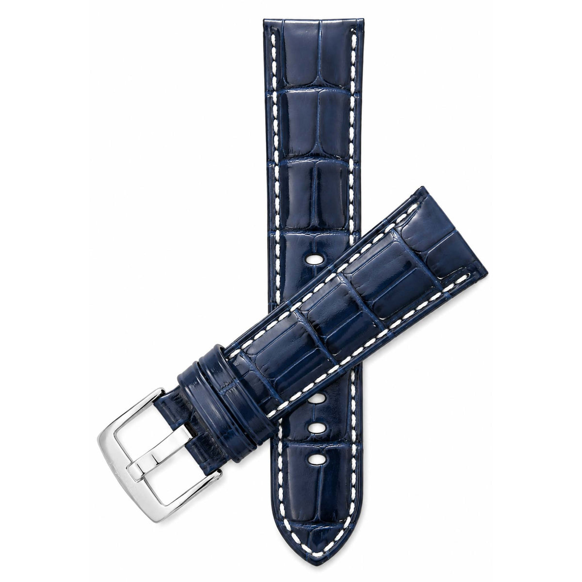 Bandini Leather Alligator Pattern Watch Band for Men White Stitch 18mm to 38mm (Standard or Extra Long)