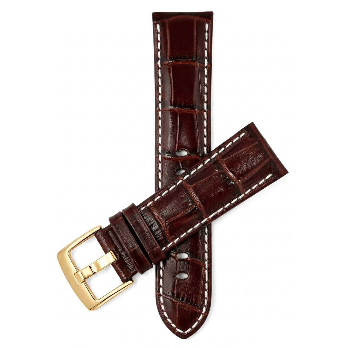 Bandini Leather Alligator Pattern Watch Band for Men White Stitch 18mm to 38mm (Standard or Extra Long)