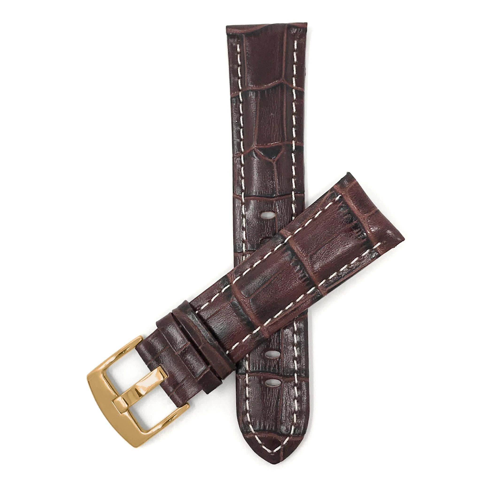 Bandini Leather Alligator Pattern Watch Band for Men White Stitch 18mm to 38mm (Standard or Extra Long)