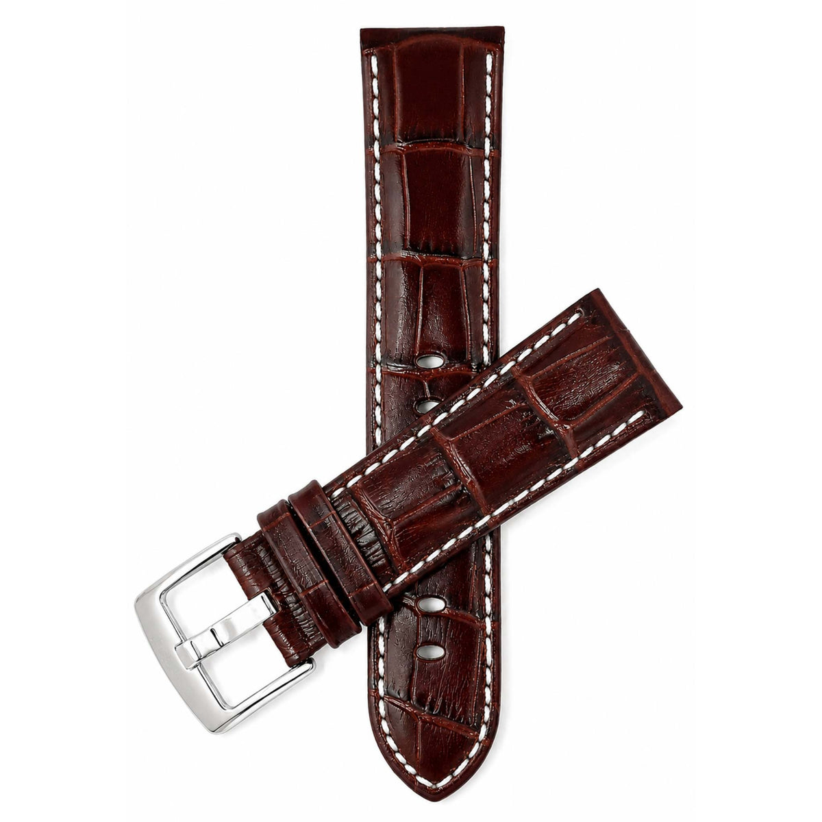 Bandini Leather Alligator Pattern Watch Band for Men White Stitch 18mm to 38mm (Standard or Extra Long)