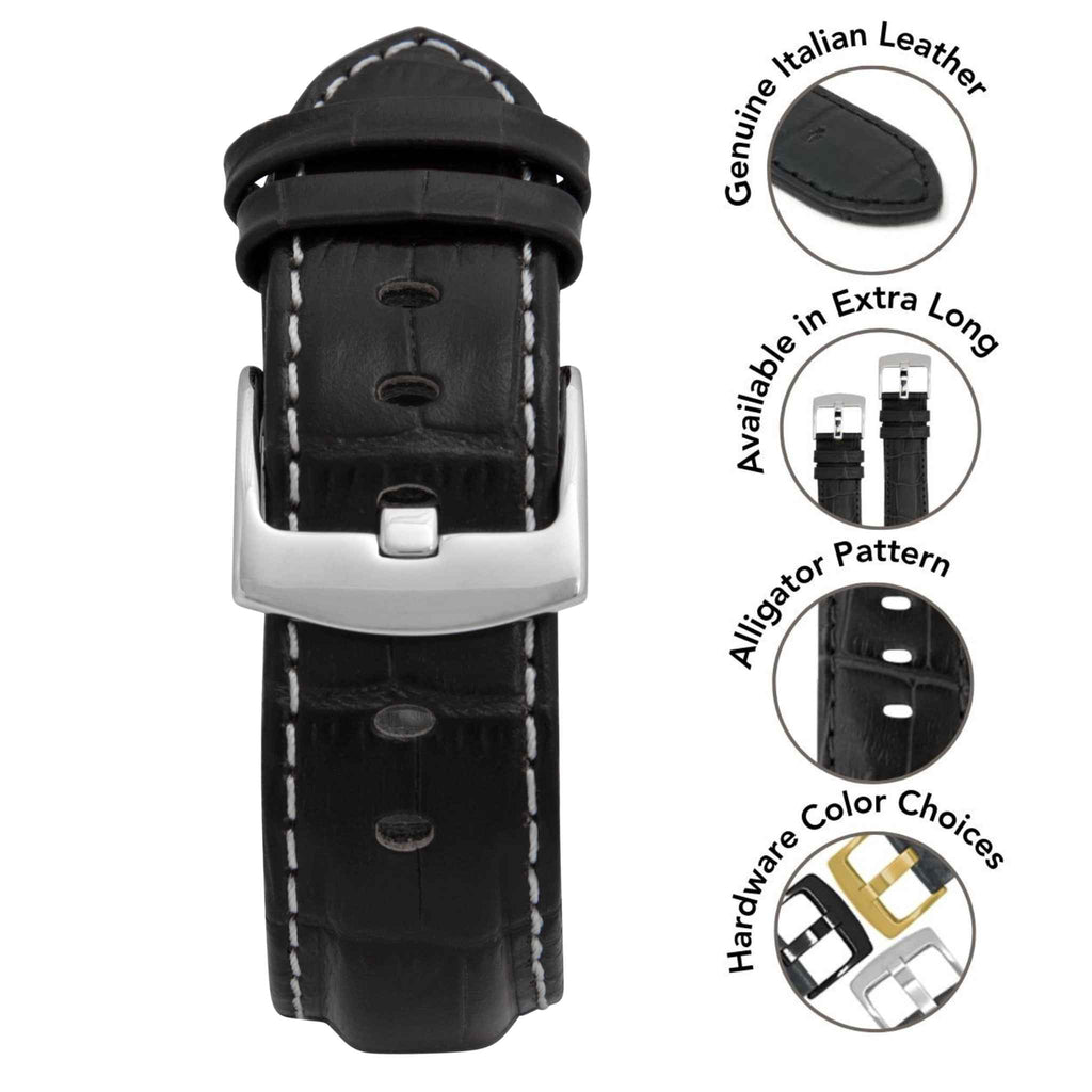 Bandini Mens Leather Watch Band for Apple Watch - Alligator Pattern, White Stitch