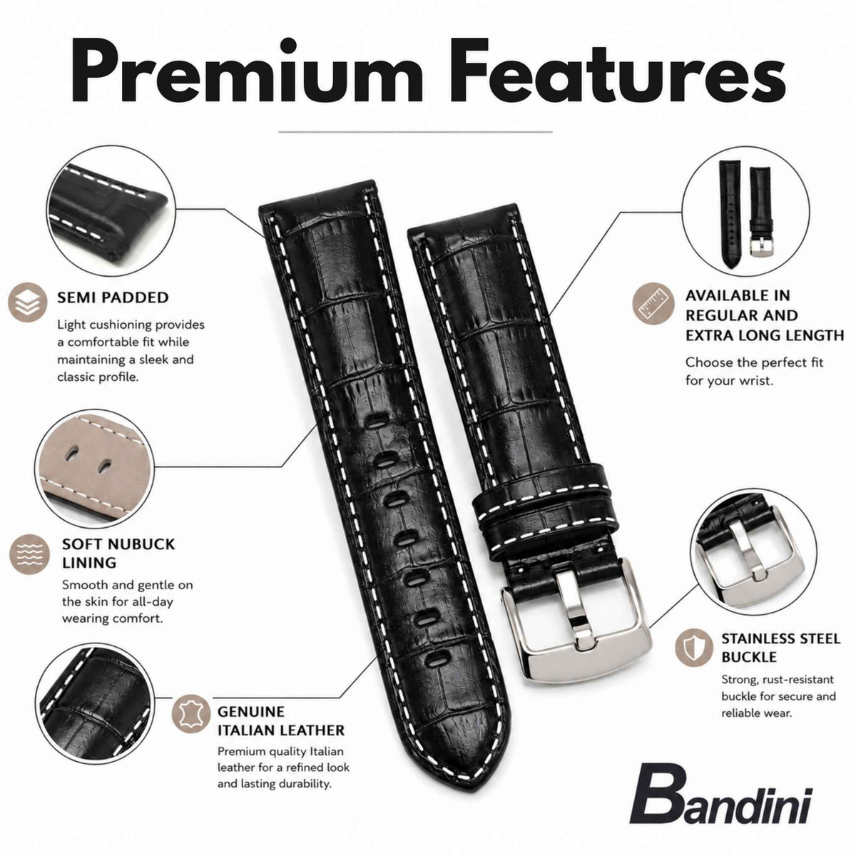 Bandini Leather Alligator Pattern Watch Band for Men White Stitch 18mm to 38mm (Standard or Extra Long)