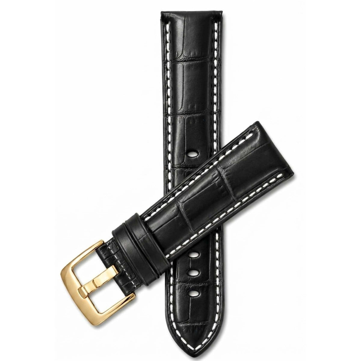 Bandini Leather Alligator Pattern Watch Band for Men White Stitch 18mm to 38mm (Standard or Extra Long)