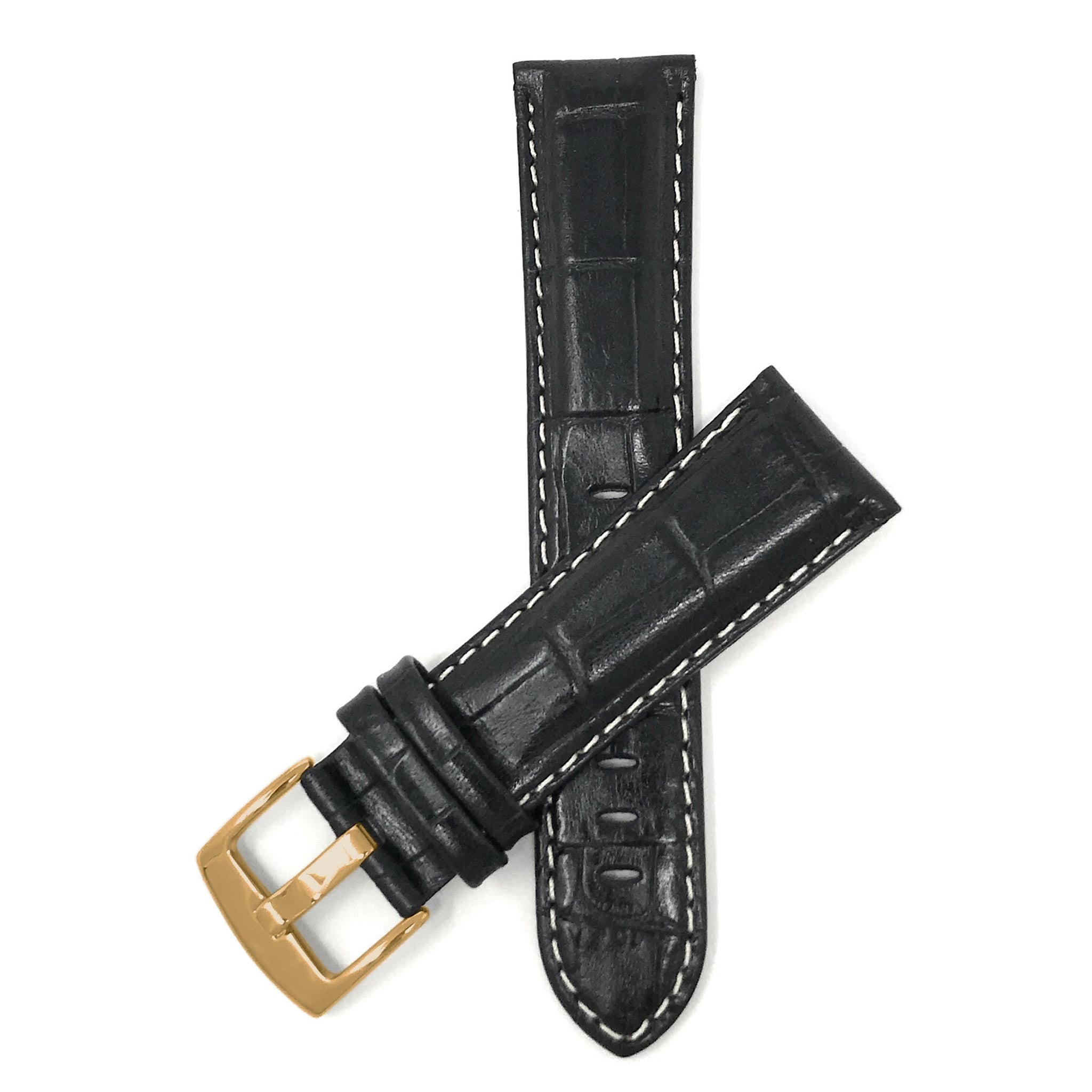 Bandini Leather Alligator Pattern Watch Band for Men White Stitch 18mm to 38mm (Standard or Extra Long)
