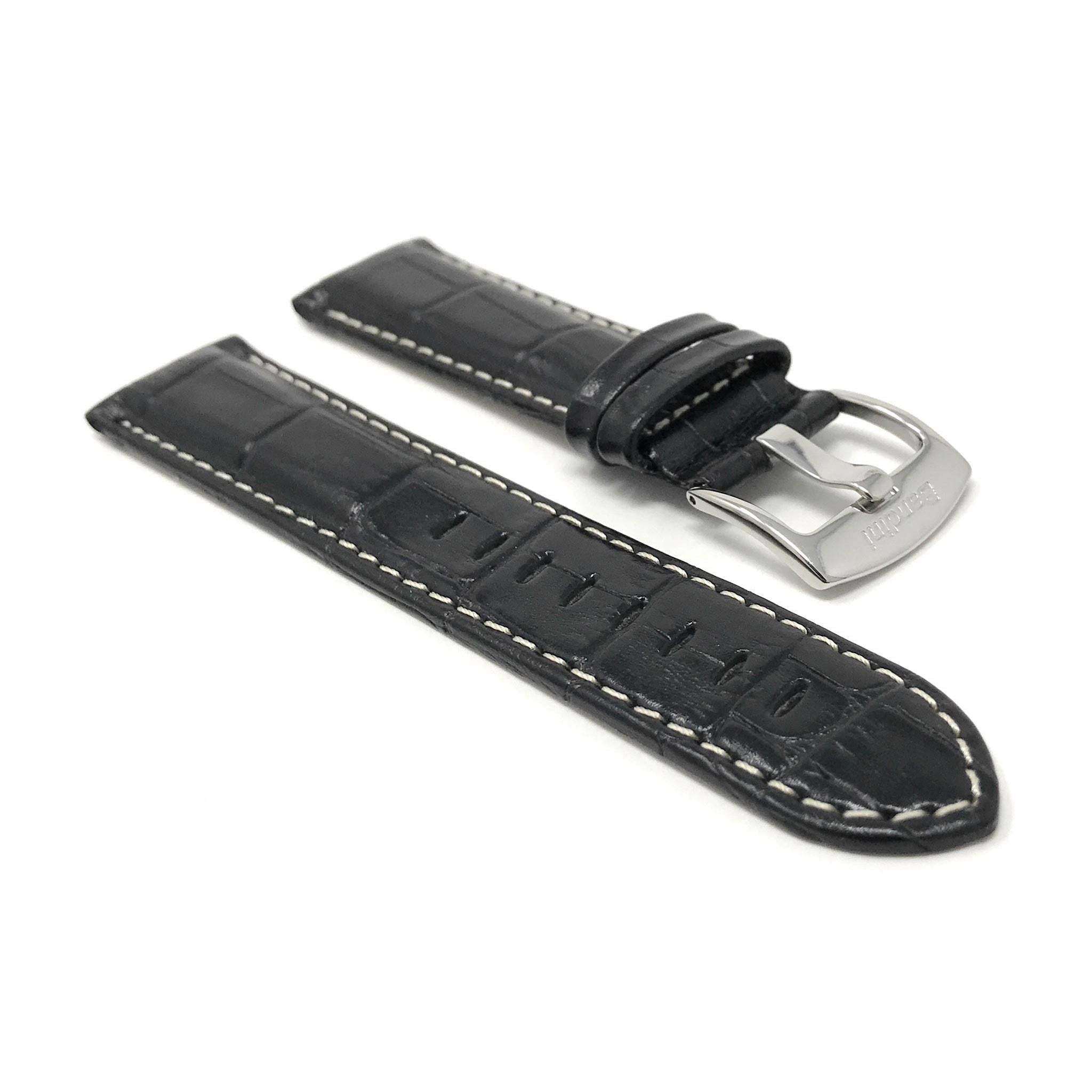Bandini Leather Alligator Pattern Watch Band for Men White Stitch 18mm to 38mm (Standard or Extra Long)