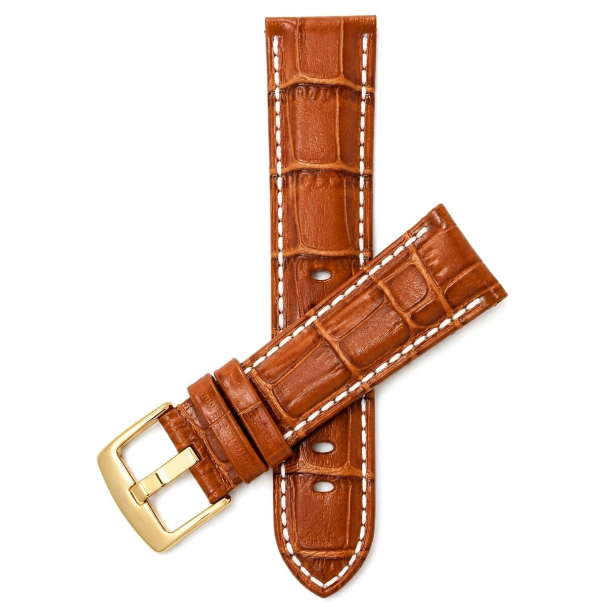 Bandini Leather Alligator Pattern Watch Band for Men White Stitch 18mm to 38mm (Standard or Extra Long)