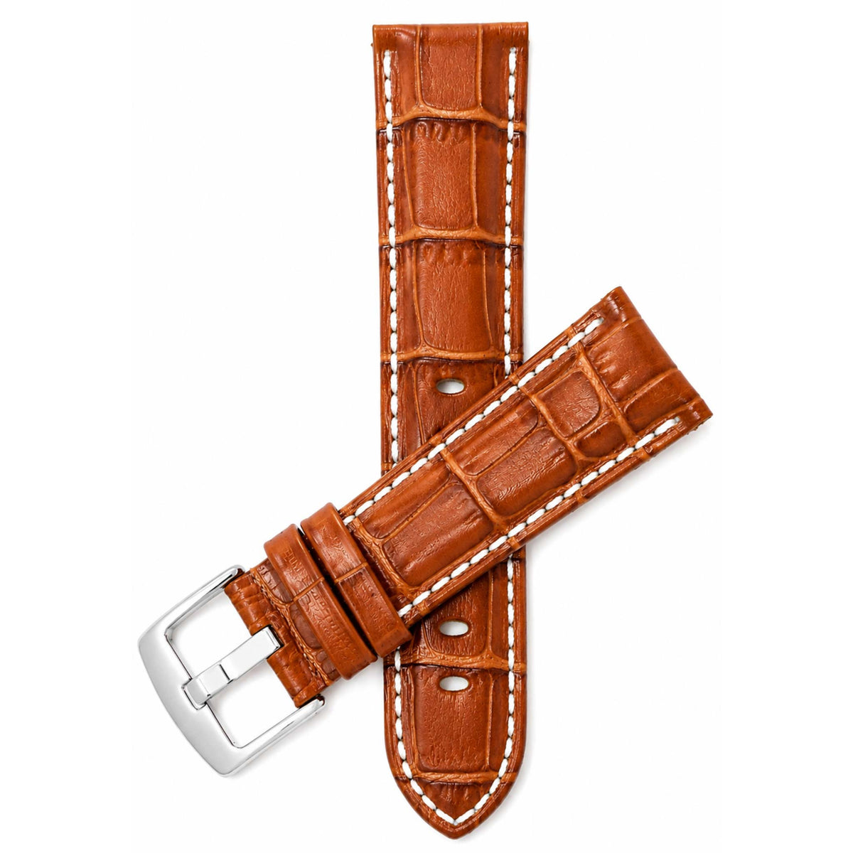Bandini Leather Alligator Pattern Watch Band for Men White Stitch 18mm to 38mm (Standard or Extra Long)
