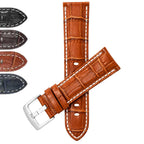 Bandini Leather Alligator Pattern Watch Band for Men White Stitch 18mm to 38mm (Standard or Extra Long)