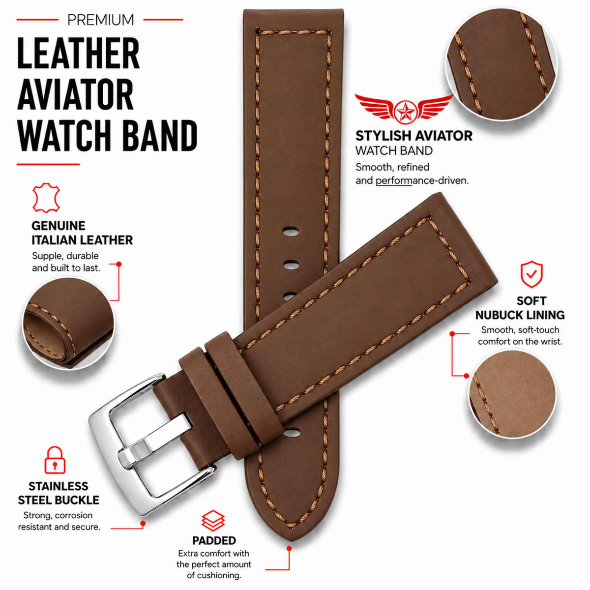 Bandini Leather Aviator Watch Band - 18mm to 28mm