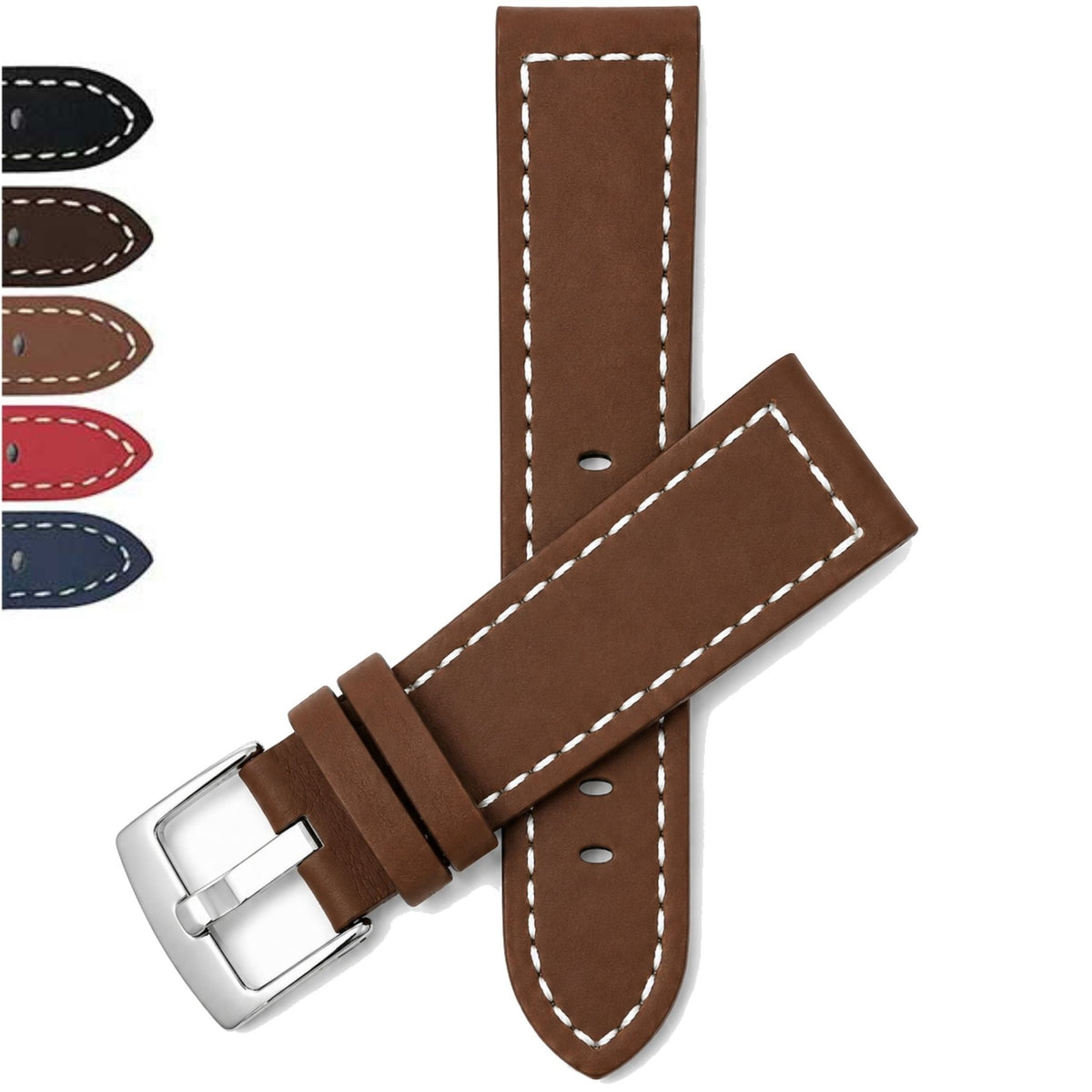 Bandini Leather Aviator Watch Band, White Stitch - 18mm to 28mm