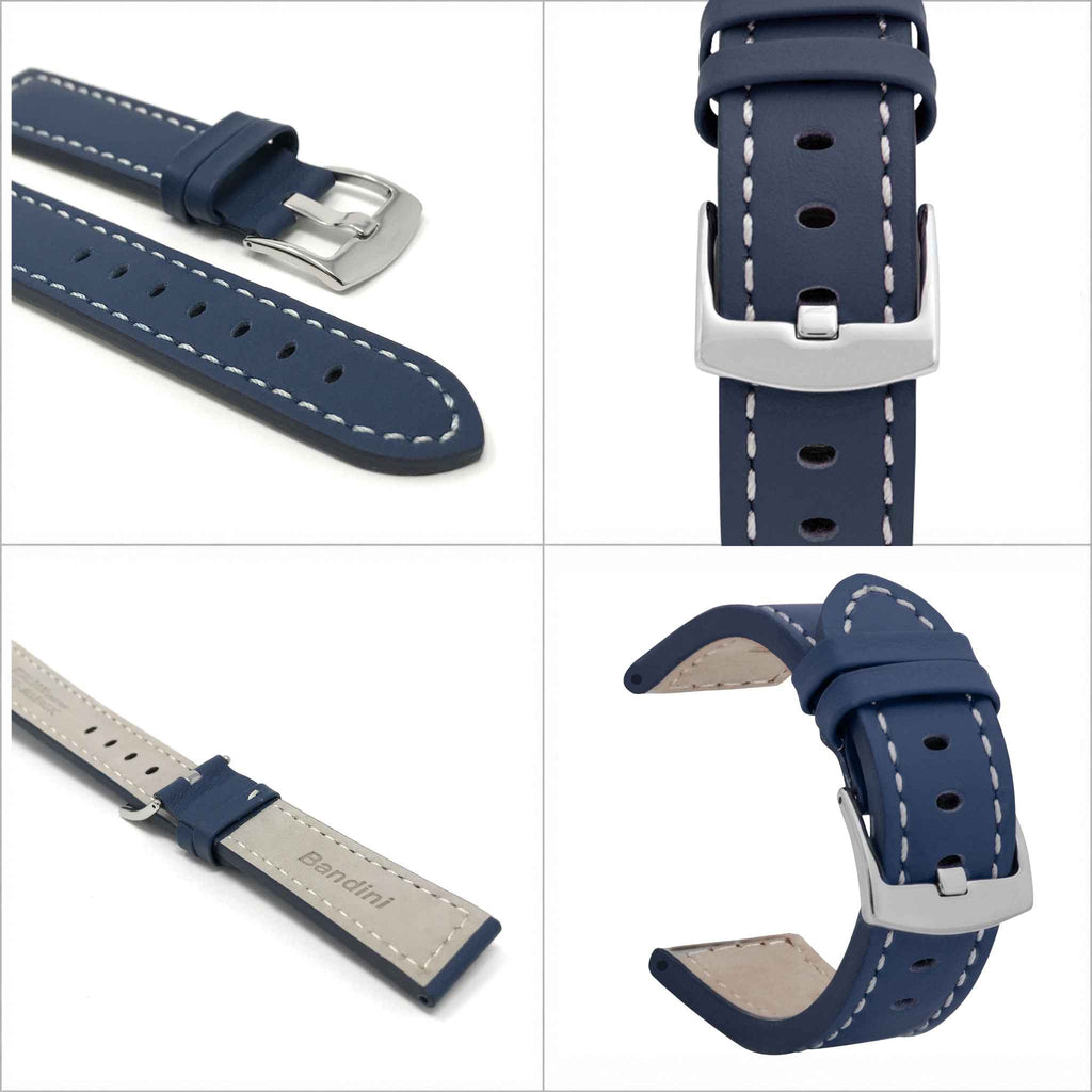 Bandini Leather Aviator Watch Band, White Stitch - 18mm to 28mm