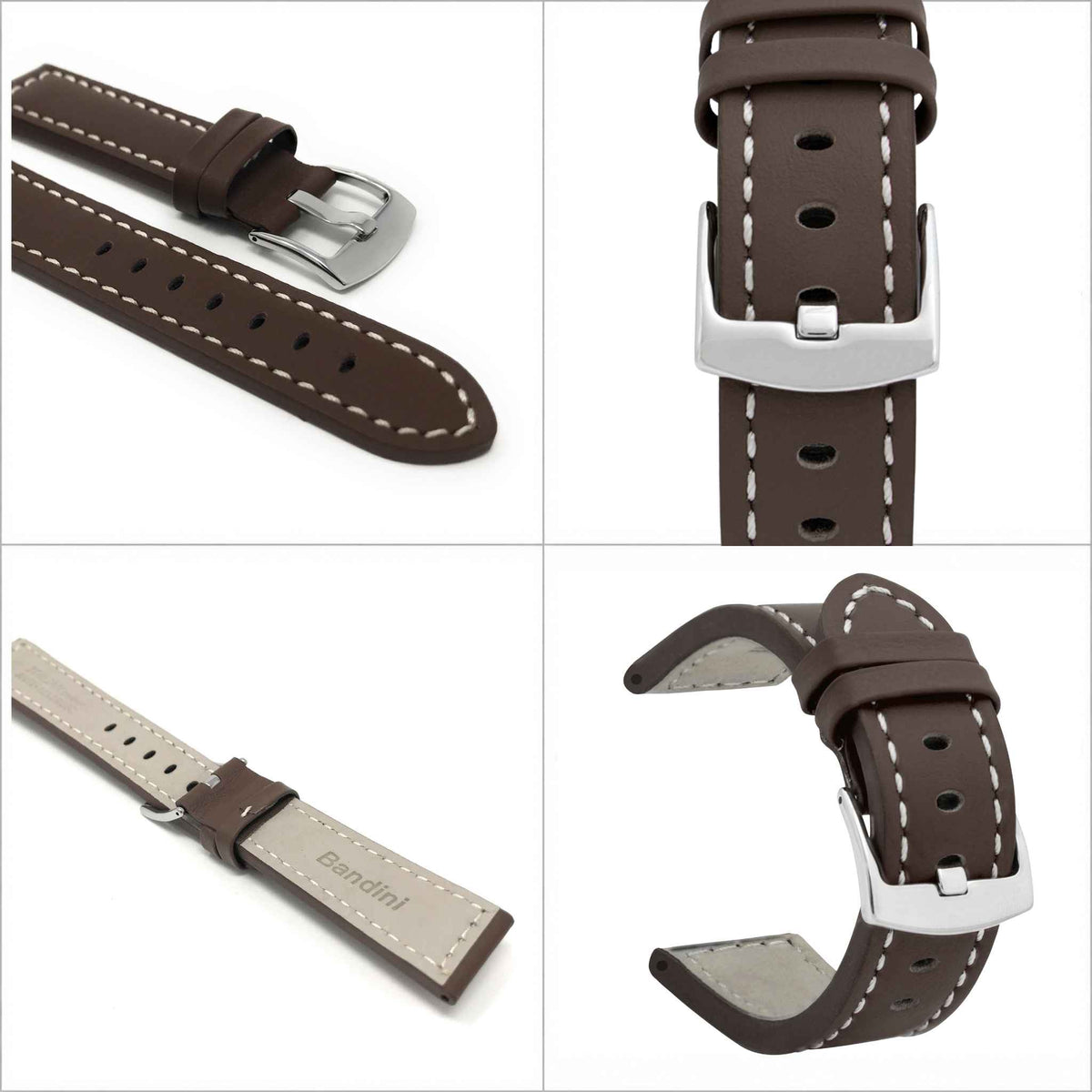 Bandini Leather Aviator Watch Band, White Stitch - 18mm to 28mm