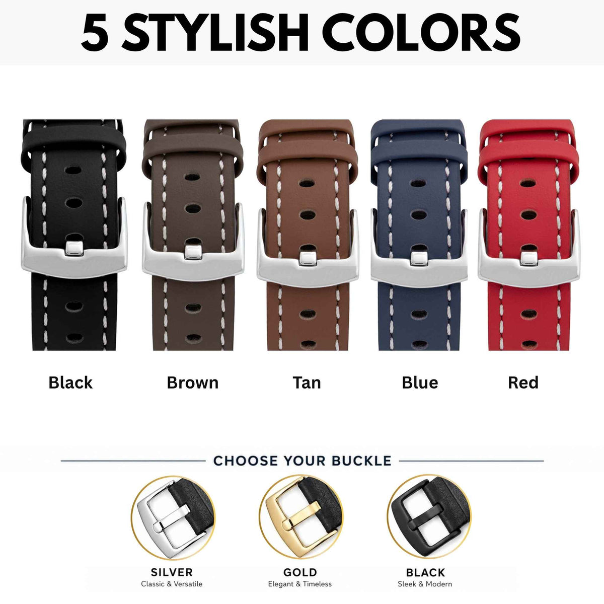 Bandini Leather Aviator Watch Band, White Stitch - 18mm to 28mm