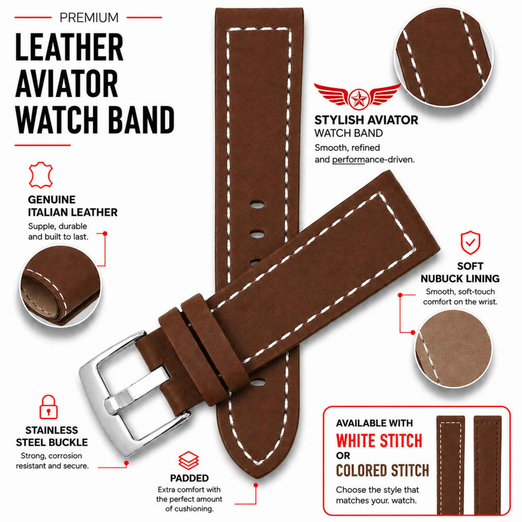Bandini Leather Aviator Watch Band, White Stitch - 18mm to 28mm