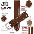 Bandini Leather Aviator Watch Band, White Stitch - 18mm to 28mm