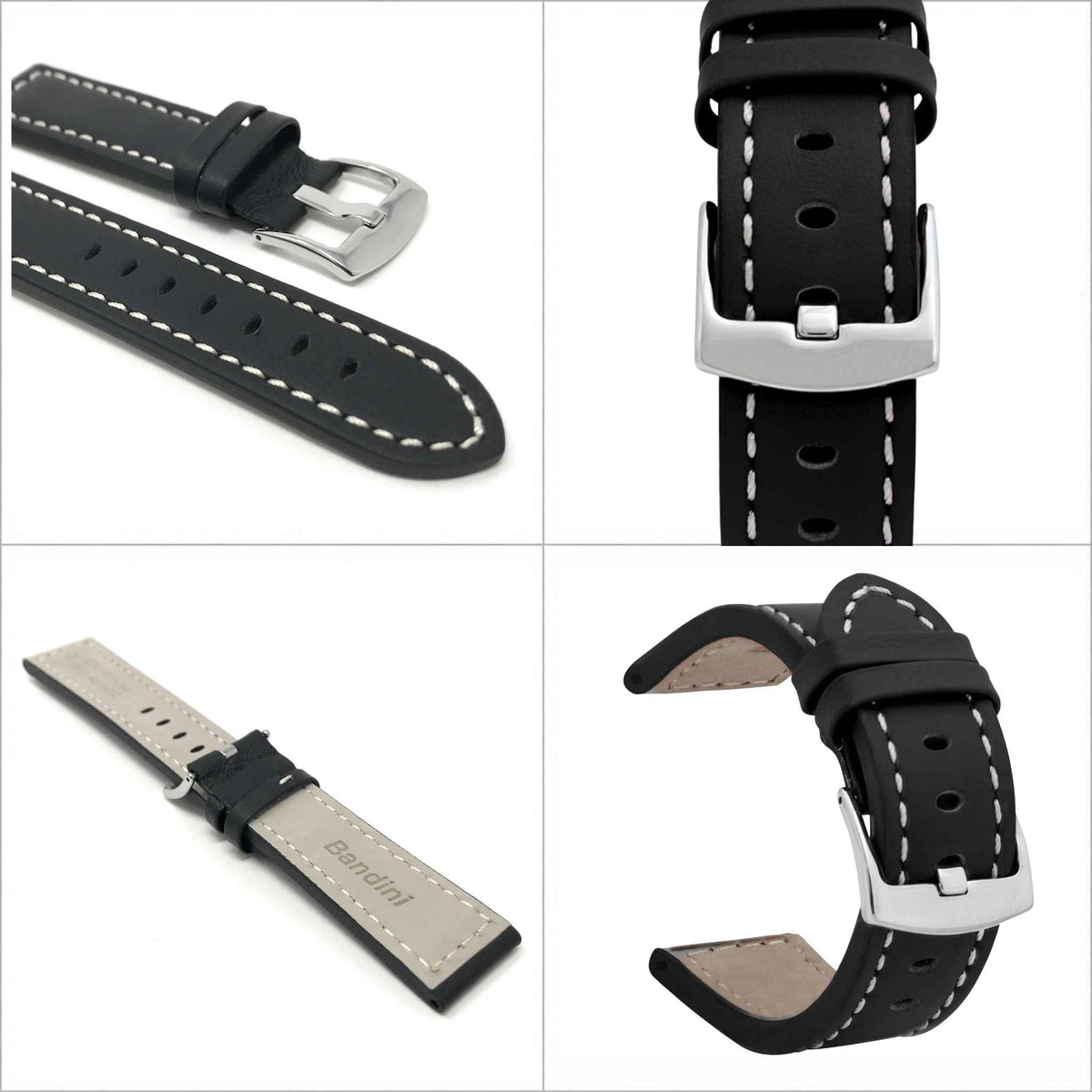 Bandini Leather Aviator Watch Band, White Stitch - 18mm to 28mm