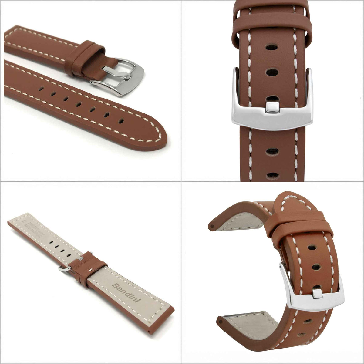 Bandini Leather Aviator Watch Band, White Stitch - 18mm to 28mm