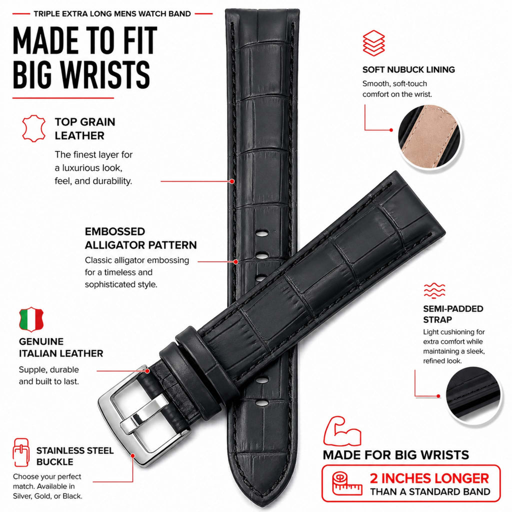 Bandini Triple Extra Long (XXXL) Leather Watch Band - 18mm to 24mm
