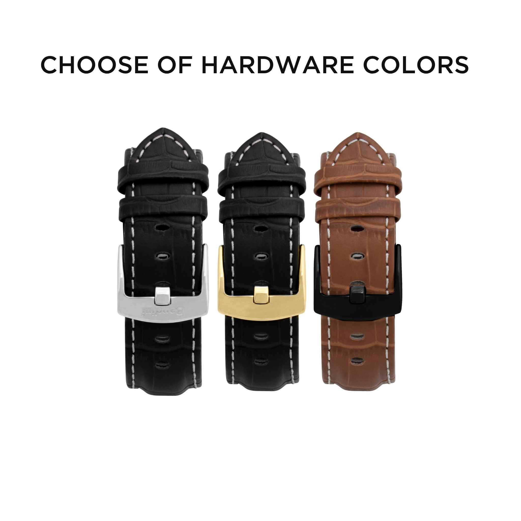 Bandini Mens Classic Leather Watch Band for Apple Watch - Alligator Pattern, White Stitch