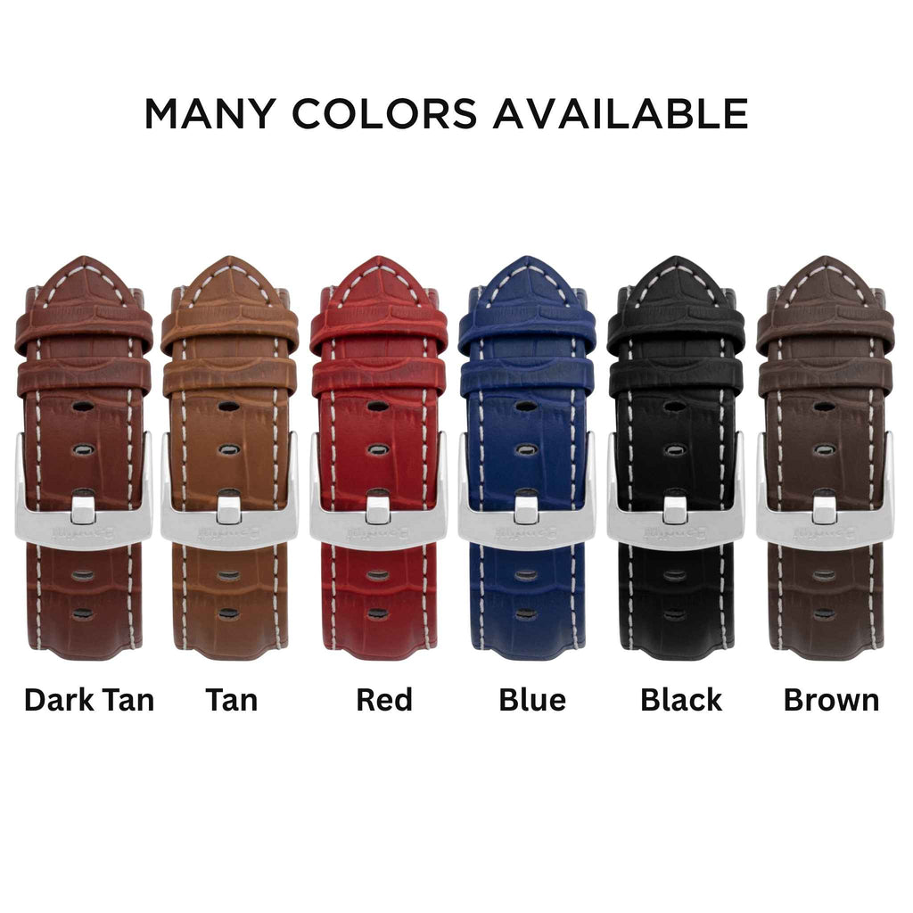 Bandini Mens Classic Leather Watch Band for Apple Watch - Alligator Pattern, White Stitch