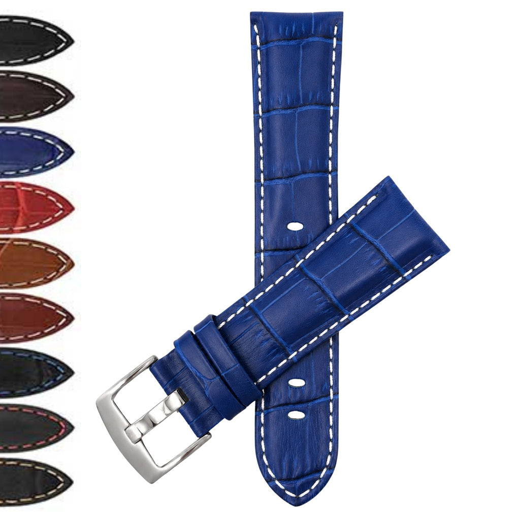Men's Alligator Pattern Leather Watch Band, White Stitch – 18mm to 26mm