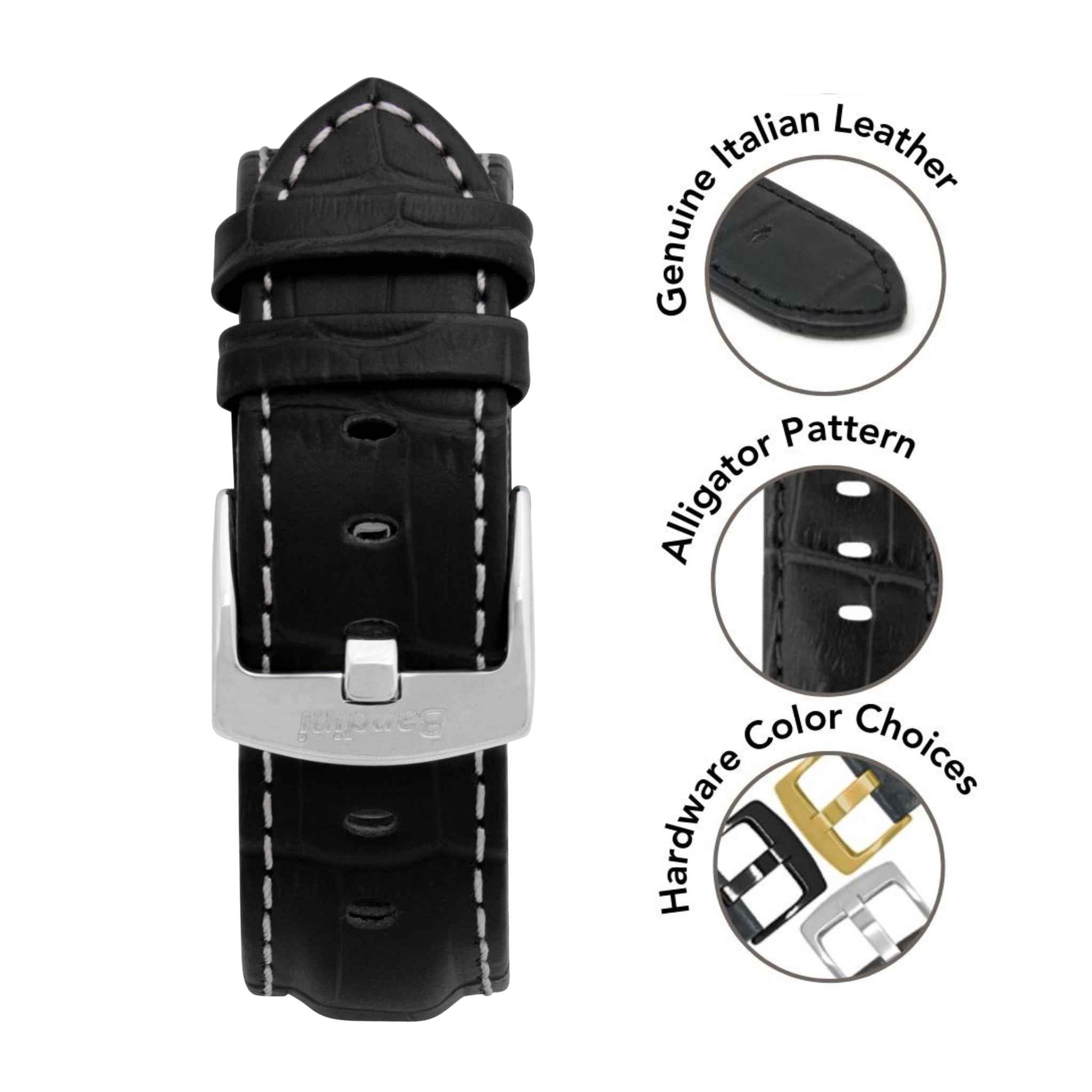 Bandini Mens Classic Leather Watch Band for Apple Watch - Alligator Pattern, White Stitch