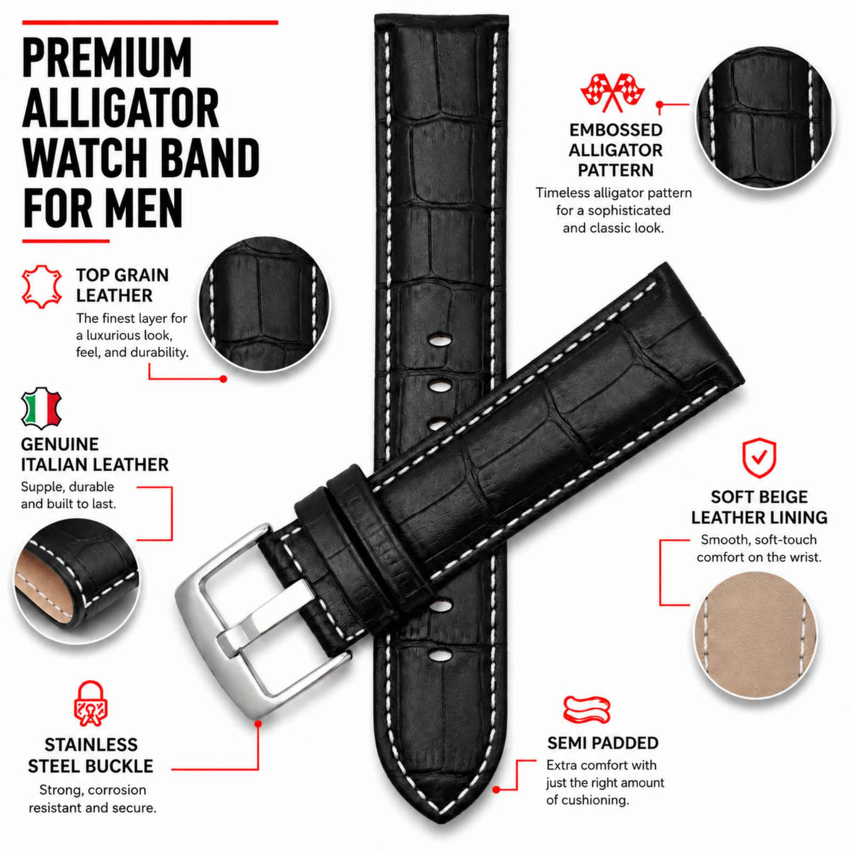 Bandini Leather Alligator Pattern Watch Band – 18mm 20mm 22mm 24mm 26mm