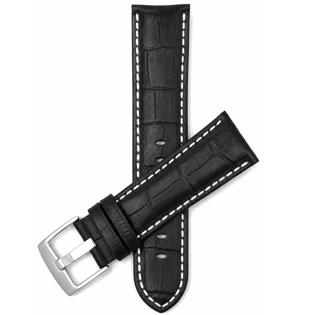 Men's Alligator Pattern Leather Watch Band, White Stitch – 18mm to 26mm